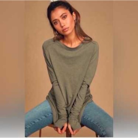 WE THE FREE Arden Tee Sz XS Sage Green Raglan Sleeve Oversized Slub Knit Cotton - Picture 8 of 12